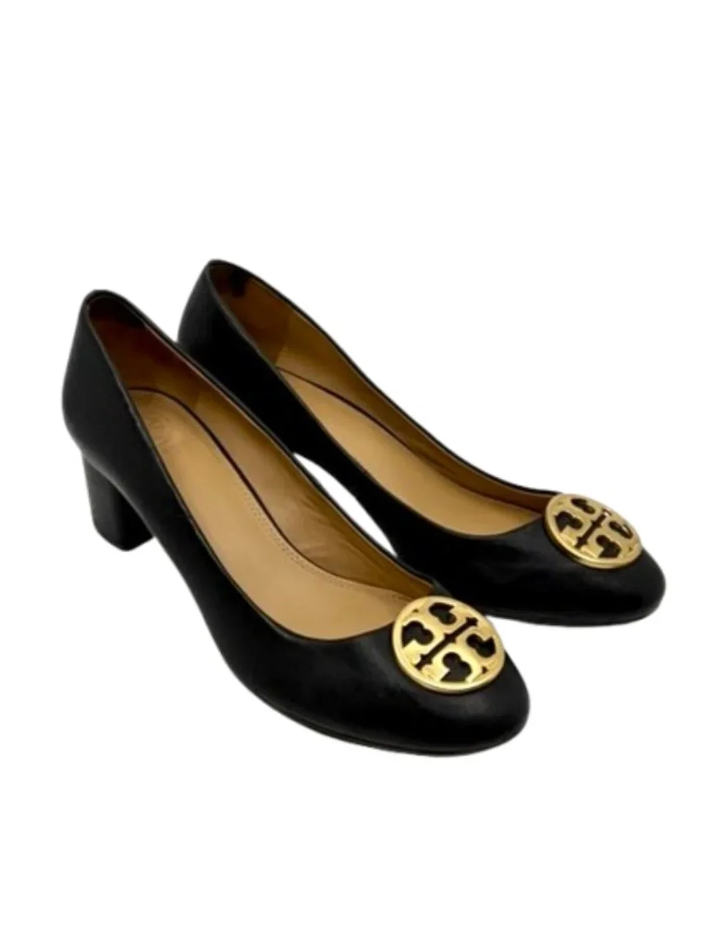 TORY BURCH~Chelsea 50mm Black Napa Leather Block Heel Pumps Gold Logo SZ 8